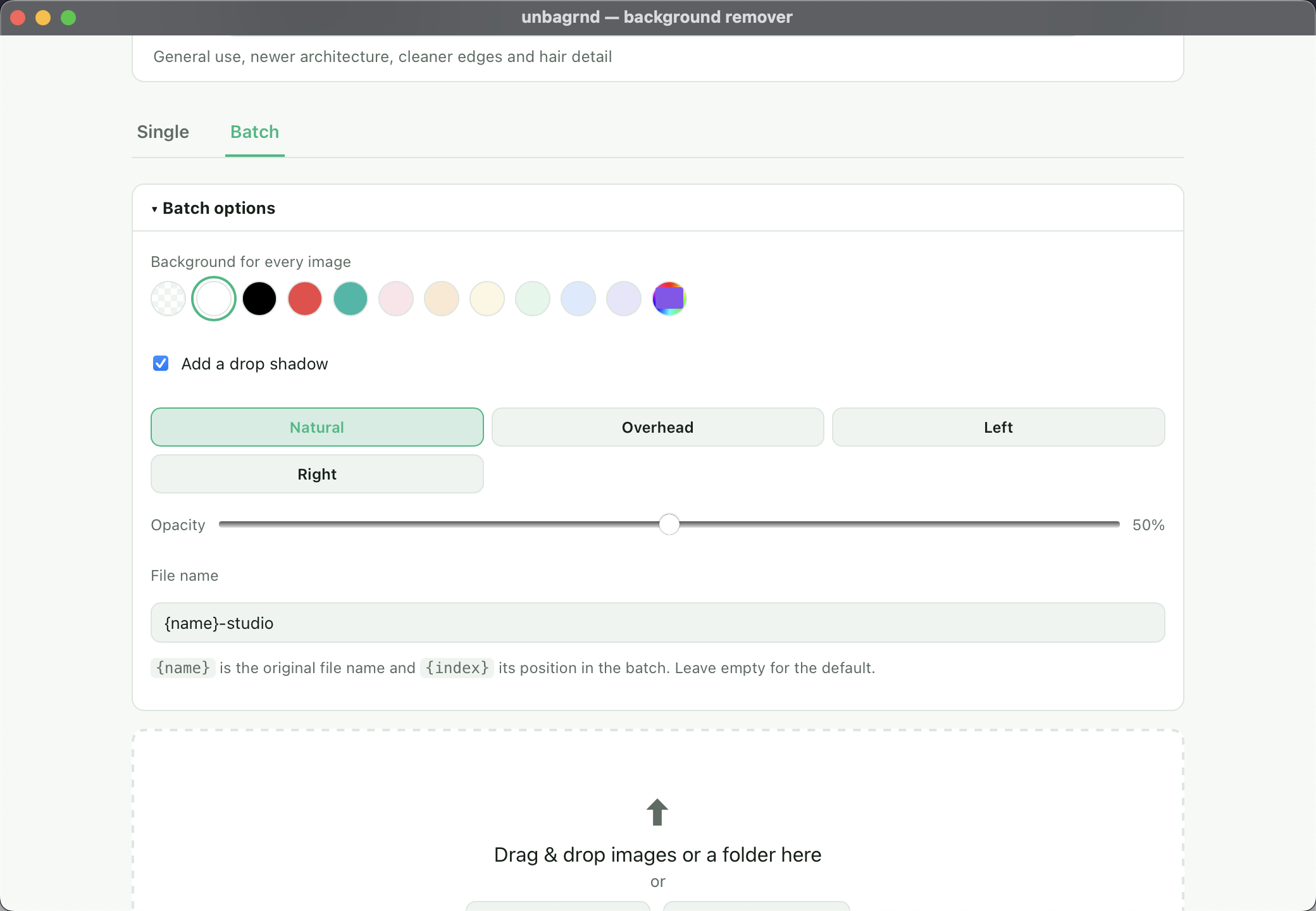 unbagrnd batch options - background color, drop shadow and file name template