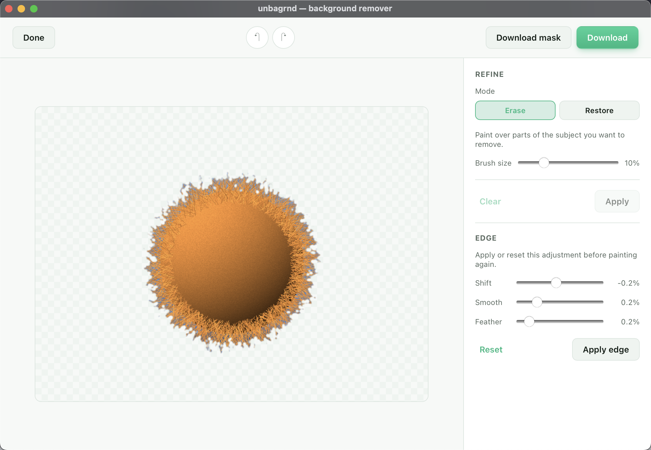 unbagrnd edge refinement - shift, smooth and feather sliders with live preview