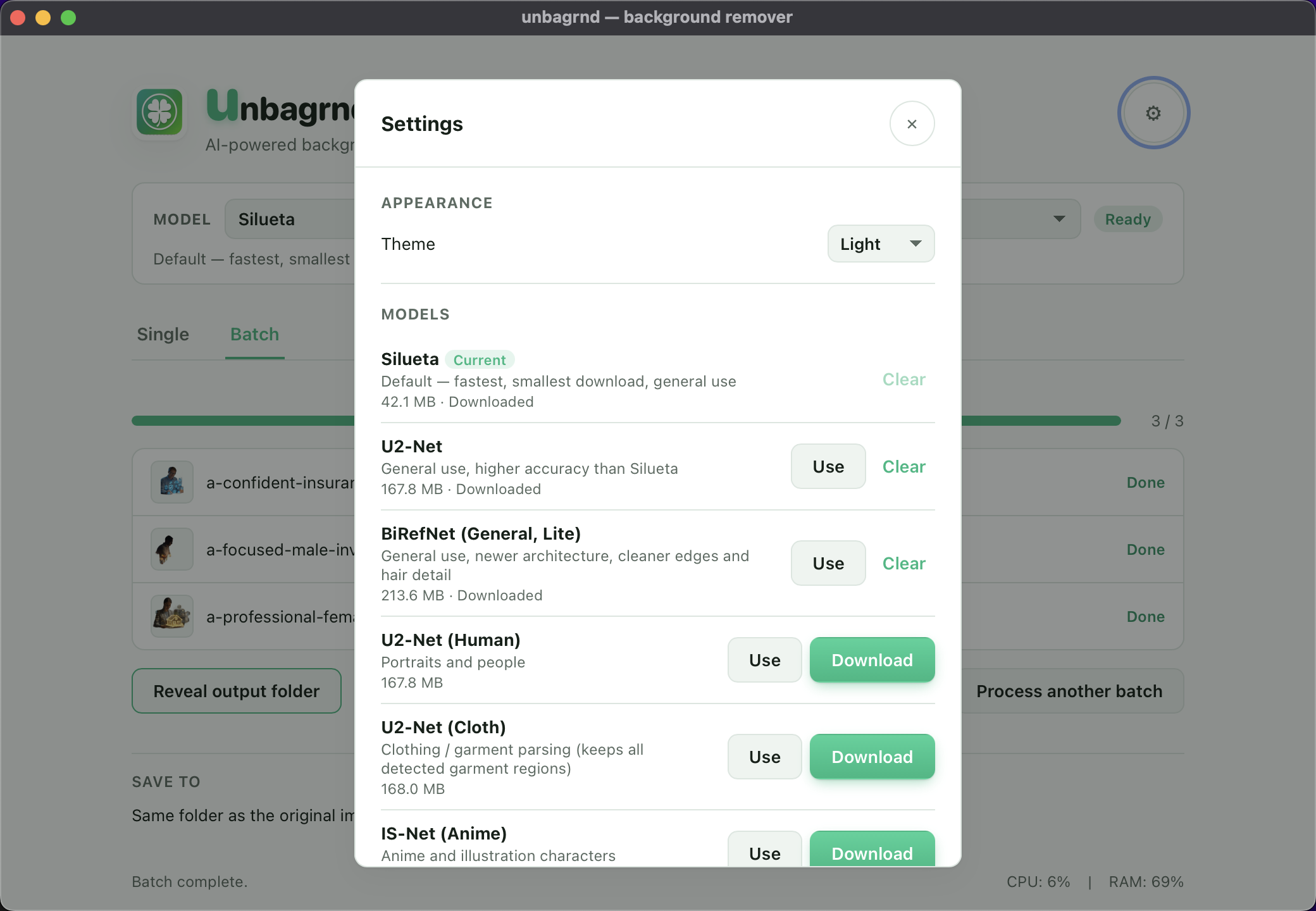 unbagrnd settings and model picker